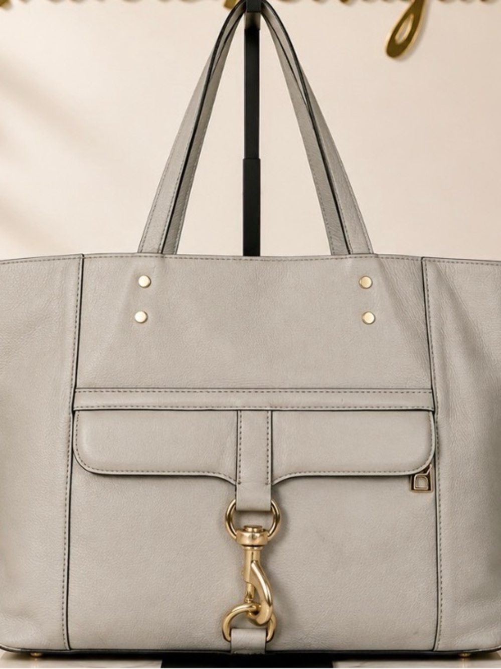 Rebecca Minkoff Light Gray Leather Tote with Front Flap Pocket